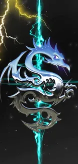 Metallic dragon with blue lightning on a dark background.