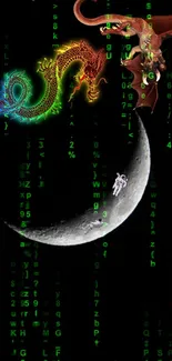 Neon dragon and astronaut on moon with digital matrix background.