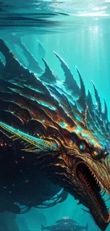 Futuristic underwater dragon scene with cyan glow.