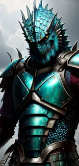 Futuristic dragon warrior in teal armor against a cloudy sky.