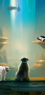 Futuristic scene with puppy, tiger, and flying car in a cityscape.