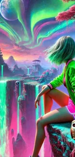 A girl sits on a ledge overlooking a neon dreamscape waterfall.