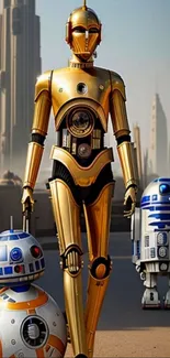 Gold droid with two small robots in a futuristic city background.