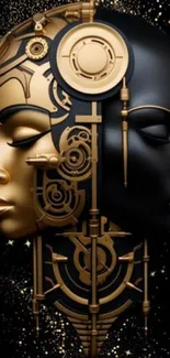 Futuristic dual face art with gold mechanical design on black background.