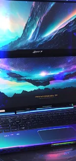 Futuristic dual-screen laptop with neon landscape wallpaper.