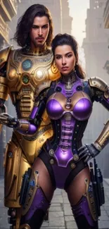 Futuristic duo in gold and purple armor in an architectural setting.