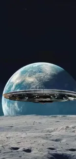 Futuristic scene with UFO and Earth over lunar surface.