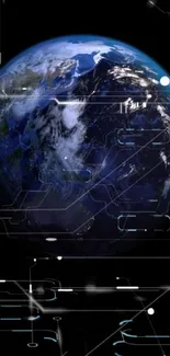 Futuristic digital wallpaper of Earth with tech elements on a dark blue background.