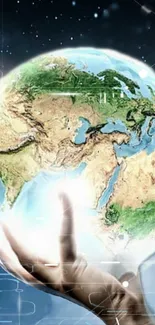 Futuristic image of a hand holding Earth against a digital background.