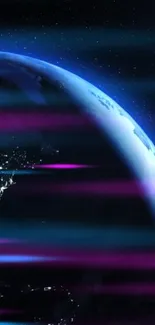 Futuristic blue and purple Earth wallpaper with neon effects and cosmic view.