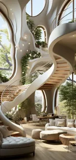 Futuristic atrium with winding stairs, greenery, and natural light.