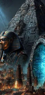 Futuristic Egyptian setting with pyramid and blue portal.