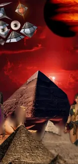 Fantastic scene of cosmic pyramids under a red sky.