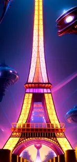 Futuristic Eiffel Tower with neon sci-fi elements.