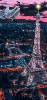 Futuristic night view of Eiffel Tower with full moon and pink clouds.