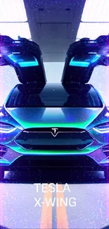 Futuristic Tesla car with glowing lights and open doors.