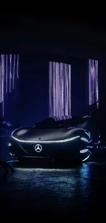 Futuristic electric car with neon lights in the dark.