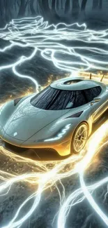 Futuristic car with glowing light trails in a dark forest setting.