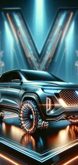 Futuristic electric SUV with glowing details on a tech-inspired background.