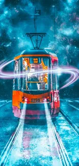 Futuristic electric tram with neon glow on cosmic background.