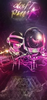 Futuristic electro music wallpaper with vibrant neon helmets.