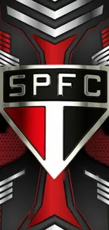 Futuristic SPFC emblem on red-black geometric wallpaper.