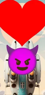 Futuristic wallpaper with devil emoji and red heart over sky background.