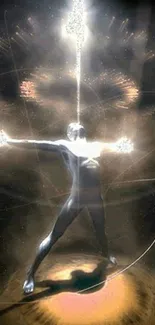 Futuristic energy burst with human figure in cosmic light.