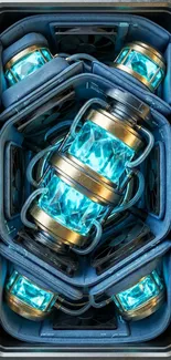 Sci-fi energy capsules with blue glow in futuristic design.