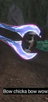 Futuristic energy sword glowing in purple light.