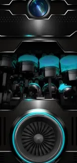 Futuristic engine with neon blue glowing accents in high-tech design.