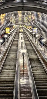 Futuristic escalator tunnel with glowing lights in urban setting.