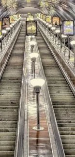 Futuristic escalator with bright lights in a sleek urban setting.