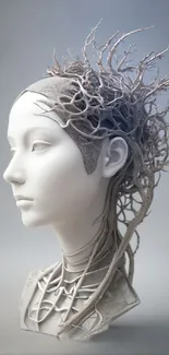 Ethereal sculpture with organic branches and futuristic design.