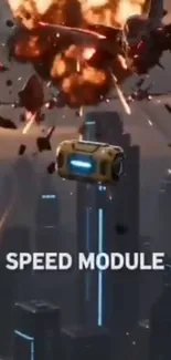 Futuristic explosion over cityscape with dynamic debris falling.