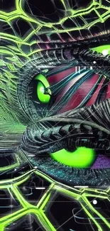 Neon green eyes with abstract patterns.