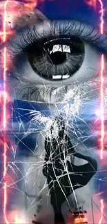 Futuristic eye art with cosmic colors and shattered effect on a vibrant wallpaper.