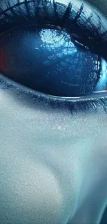 Close-up of a futuristic blue eye with intricate digital details.