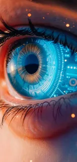 Close-up of a blue eye with digital patterns.