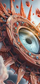 Futuristic eye art with copper and blue hues.