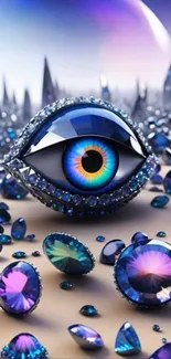 Futuristic eye gemstone wallpaper with surreal landscape