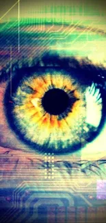 Futuristic eye with vibrant digital technology background.