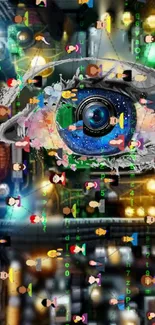 Colorful futuristic digital eye wallpaper with vibrant tech elements.