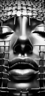 Futuristic black and white face with wireframe design.