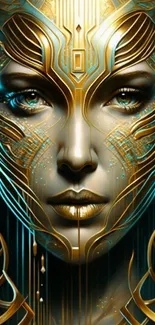 Intricate futuristic face art with gold and teal hues.