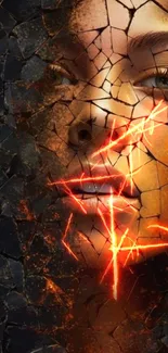 Futuristic cracked face with neon symbols in digital art wallpaper.