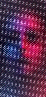 Futuristic wallpaper with neon face pattern in blue and red hues.