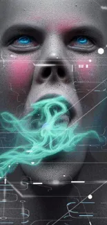 Futuristic face exhaling neon smoke on a dark background.