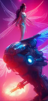 Fantasy fairy on futuristic machine with vibrant pink glow.