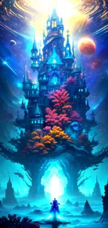 Futuristic fantasy castle with vibrant colors and surreal landscape.